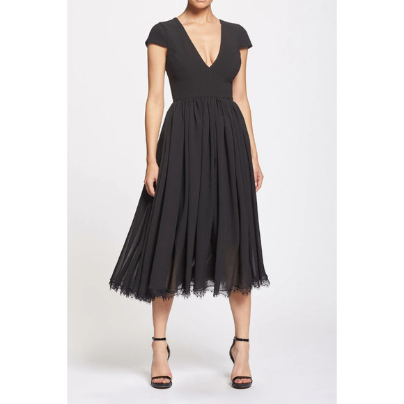 DRESS THE POPULATION Corey Dress Large Black Short Sleeve Fit & Flare Midi NWT